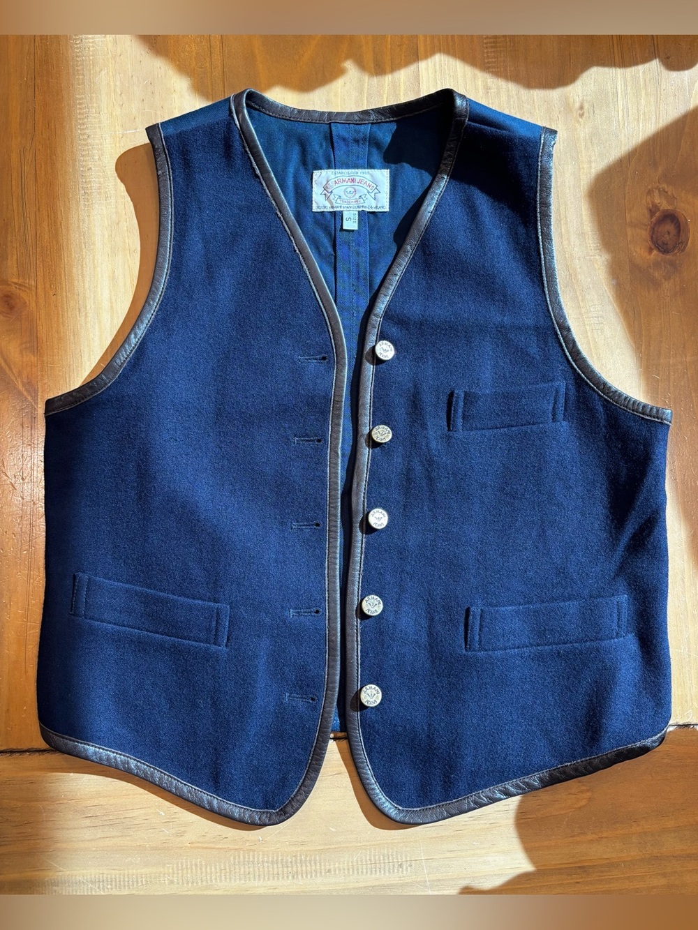 Vintage 90s Armani Jeans Navy Blue Wool Blend Structured Vest / Gilet